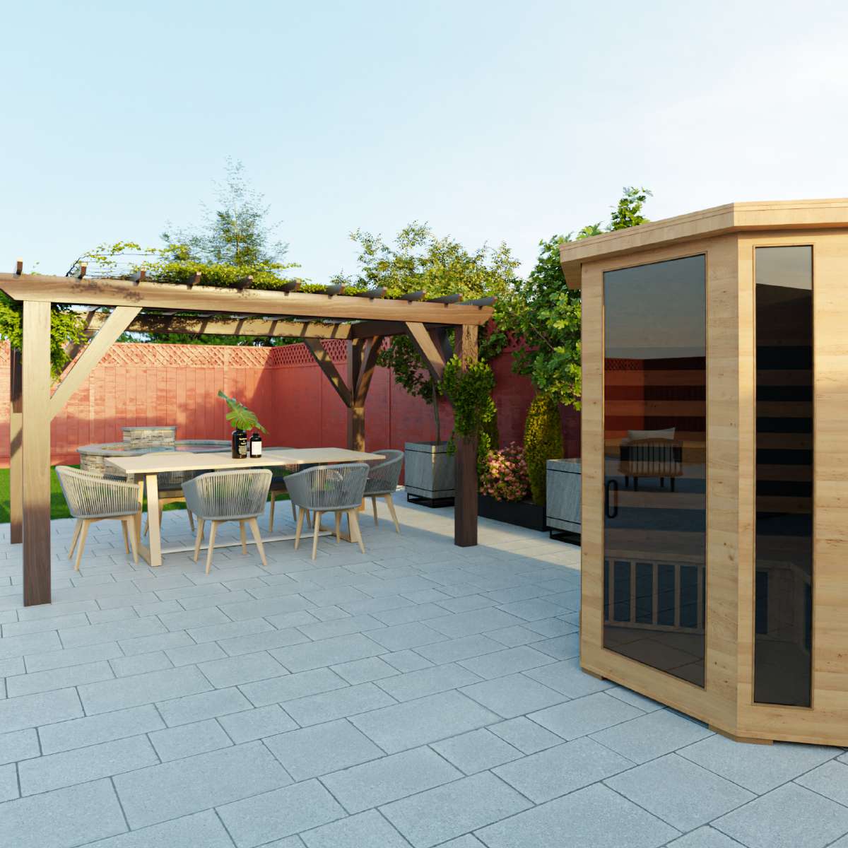 outdoor living space ideas. image of a sauna and dining area.