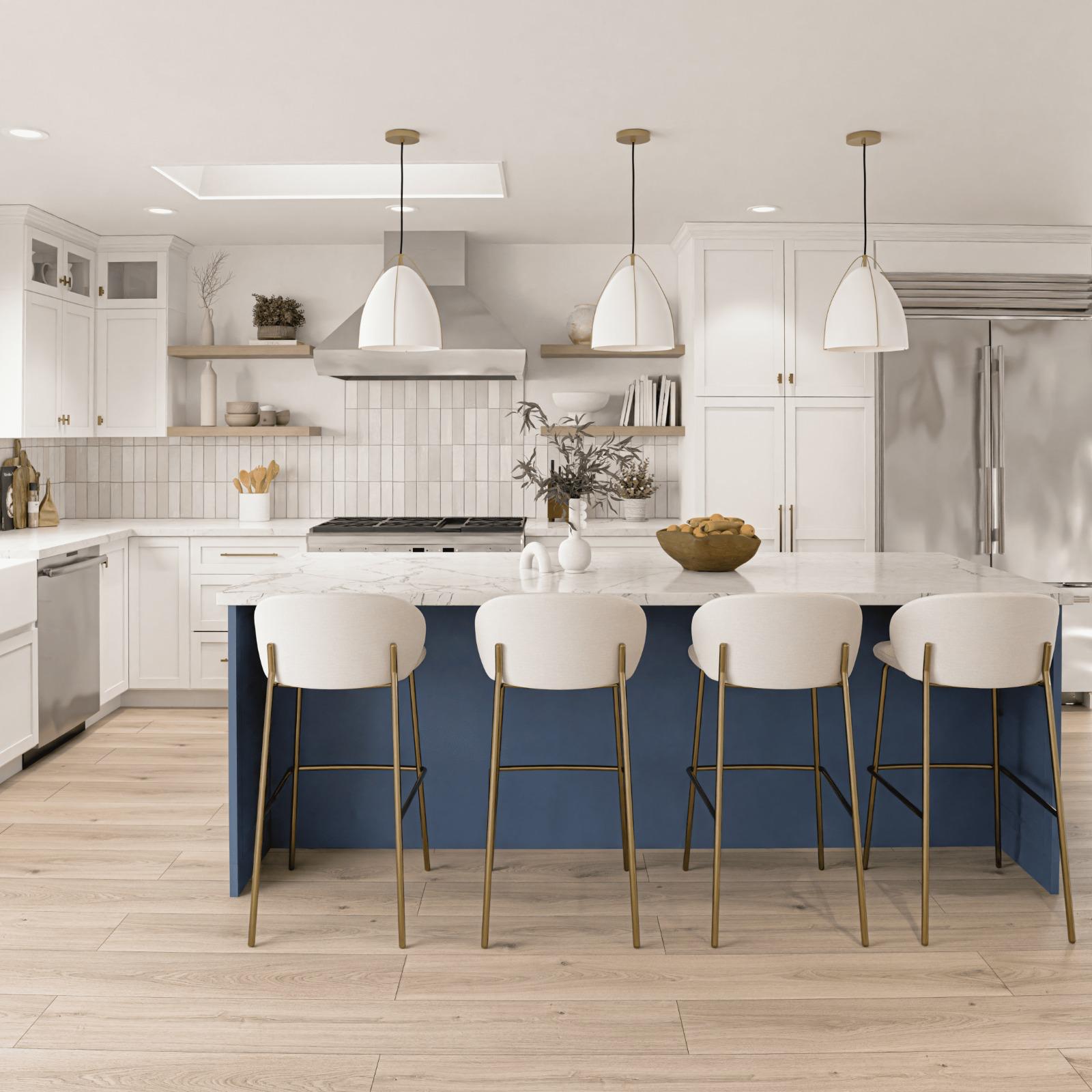 Kitchen Islands with Seating Ideas. Image of blue Island with white and gold chairs in a white kitchen.