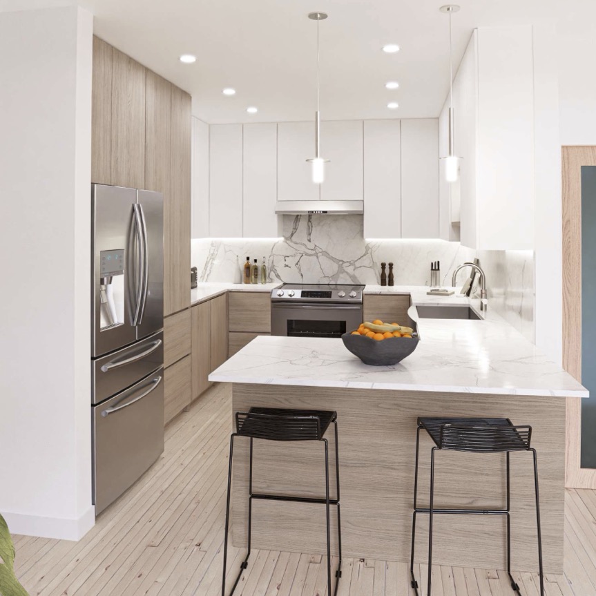 What is a breakfast bar? Picture of a cozy kitchen island with two stools.