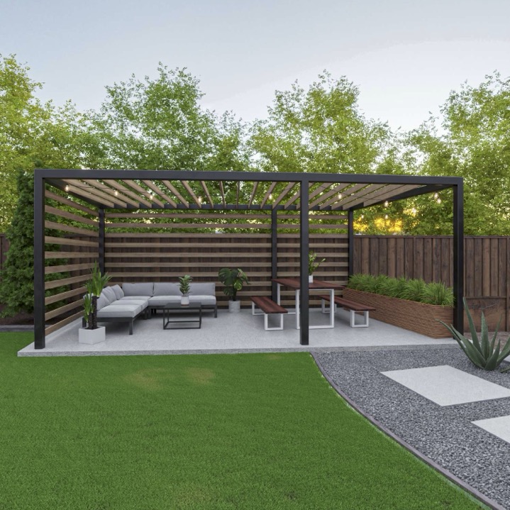 covered outdoor living space ideas. Picture of a pergola over a seating area.