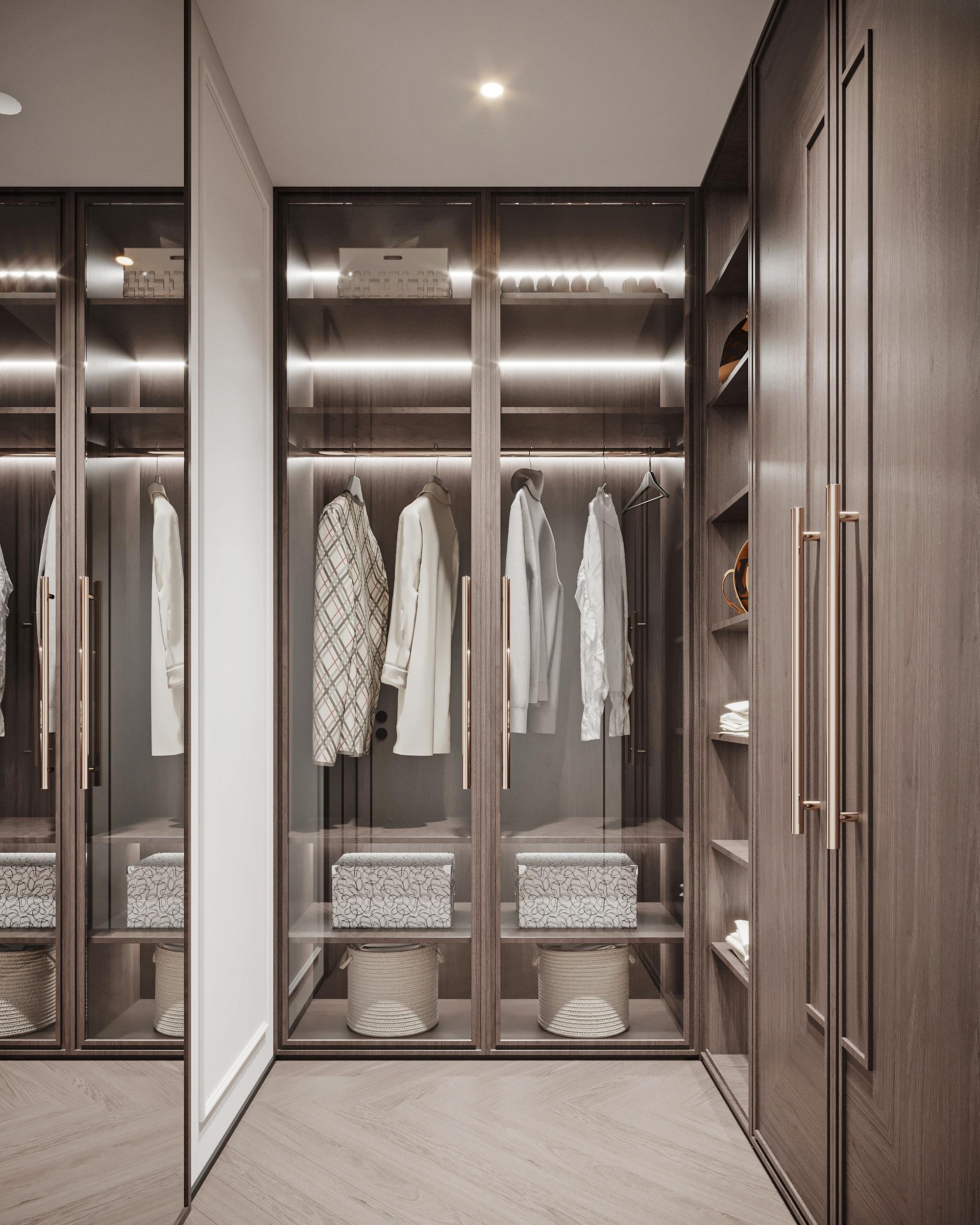 elegant-walk-closet-with-glass-doors-wooden-accents unique custom closets